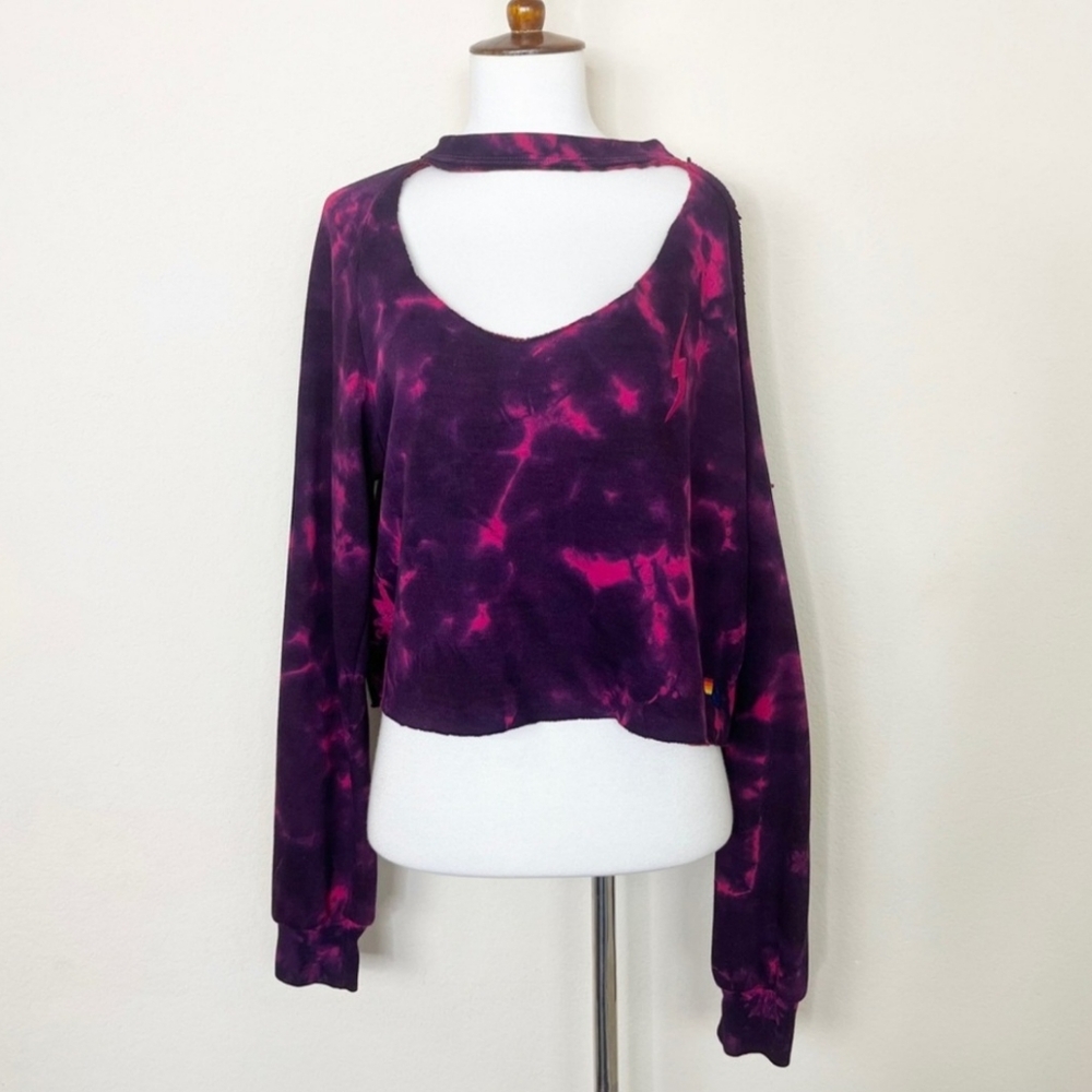 Aviator Nation Cropped Hand Tie Dye Bolt Classic Crew Sweatshirt, Medium